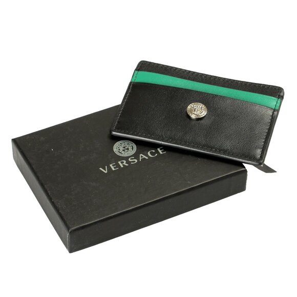 Versace Black & Green Medusa Head 100% Leather Card Case Holder
